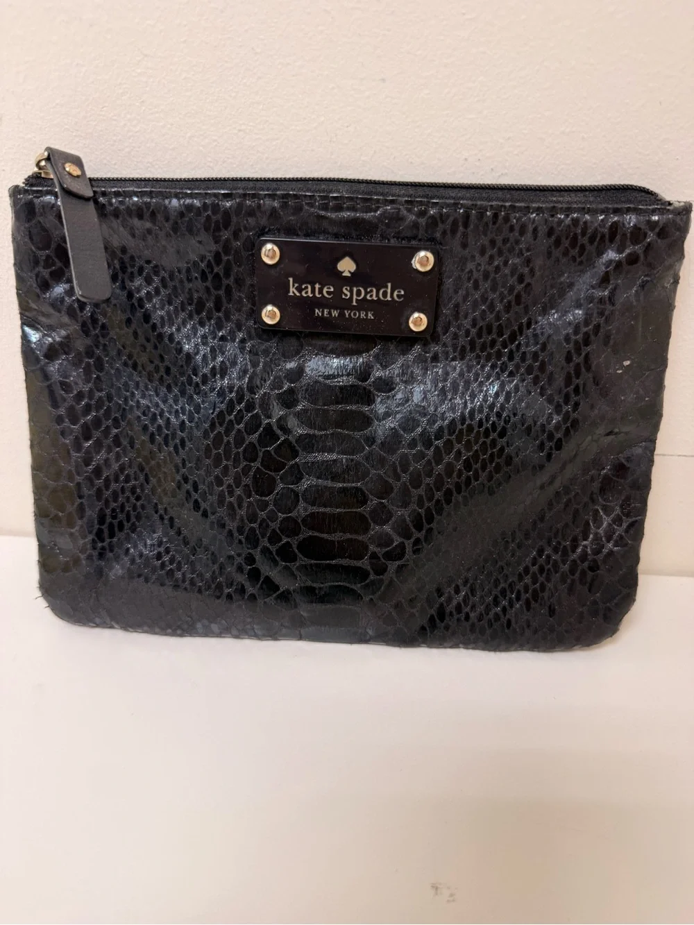 Kate Spade Black Embossed Snake-Print Cosmetic Pouch Python Skin Textured